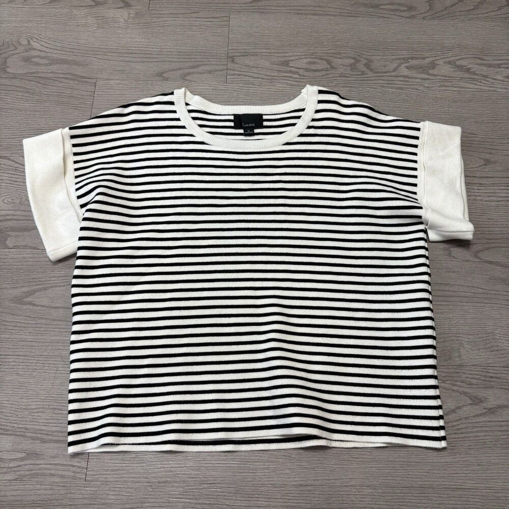 Lumiere Cream Black Striped Boxy Blouse Short Sleeve Thick Heavyweight NWOT